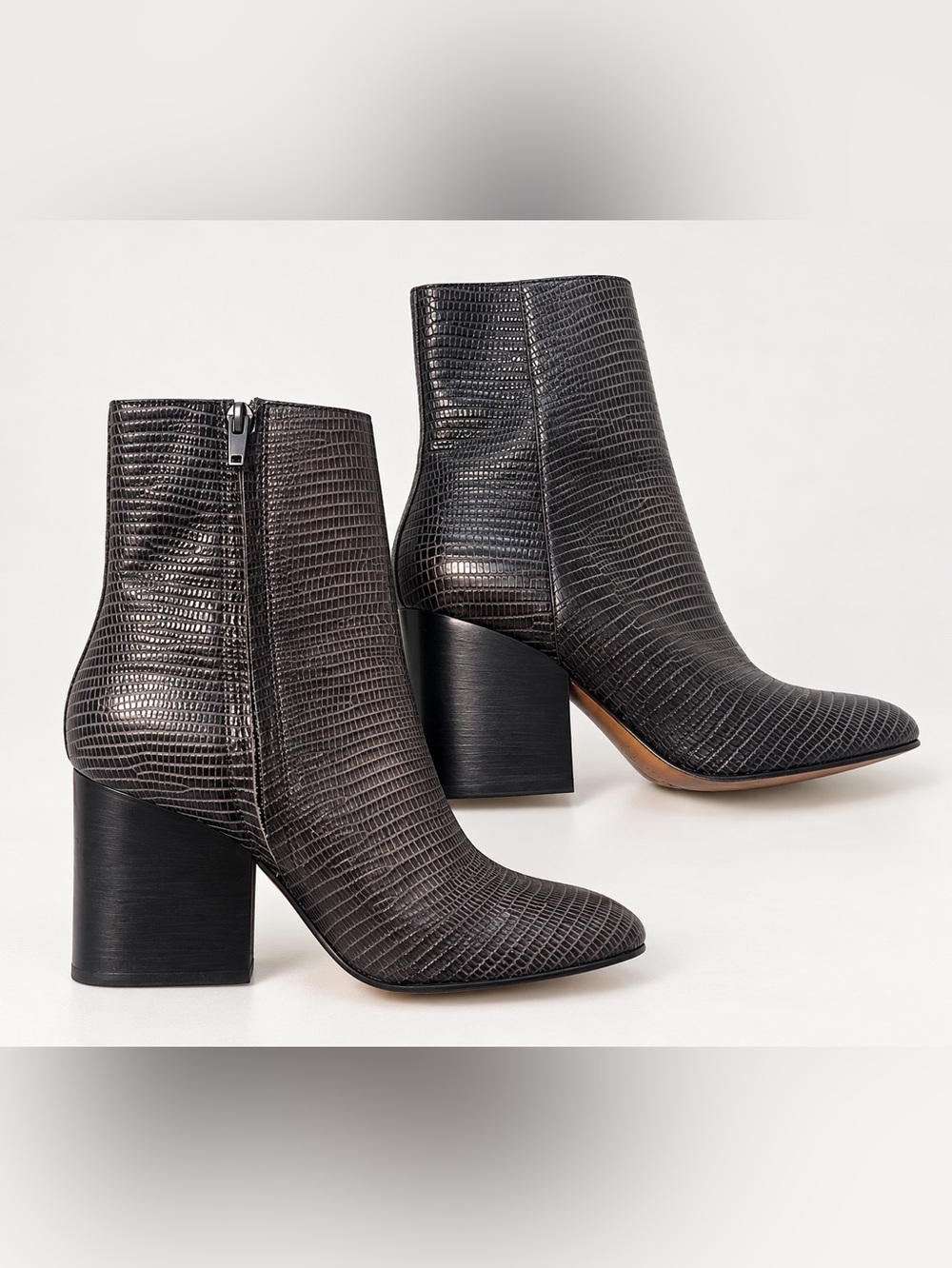 Vince Leather Ankle Boots Italy Size 6 Snakeskin Embossed Block Heels Booties